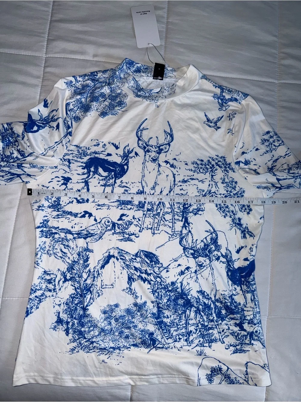 Blue & White Deer Printed Pleated Skirt and Long Sleeve Top Set - XL